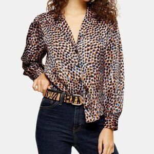 Top Shop Animal Smudge Brown Blue & Lilac Notched Collar Blouse women's 8
